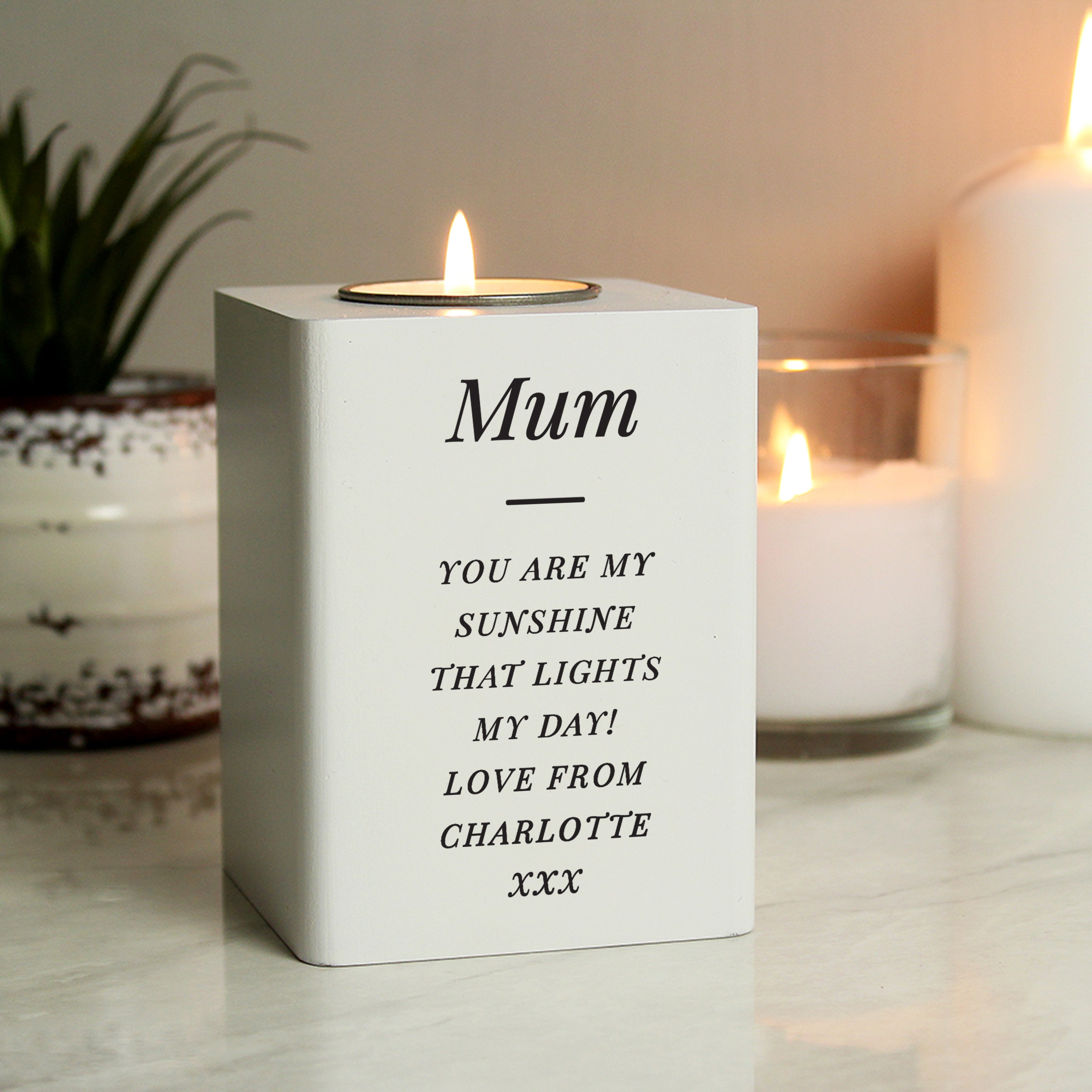 Personalised white wooden tea light holder
