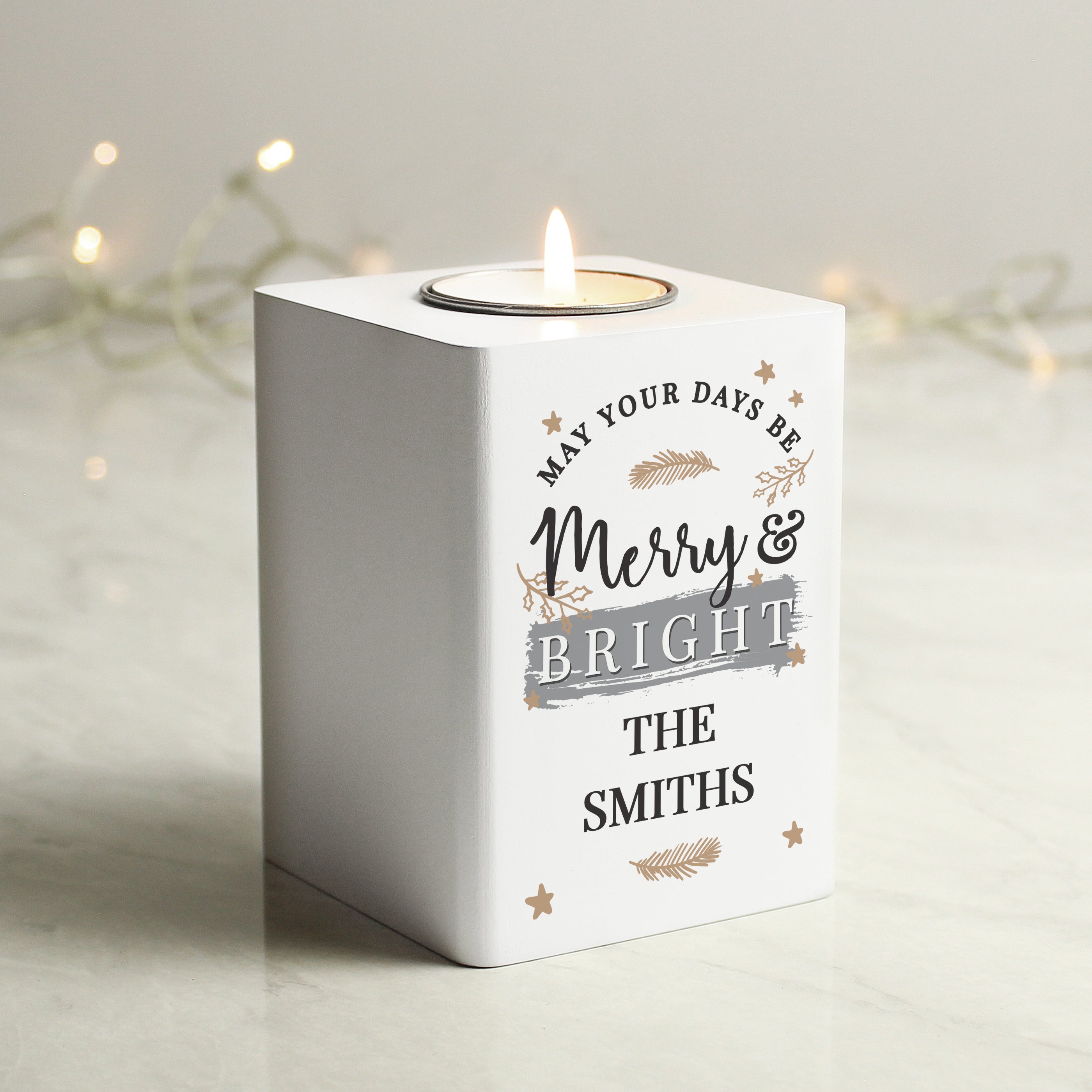 Personalised white wooden tea light holder