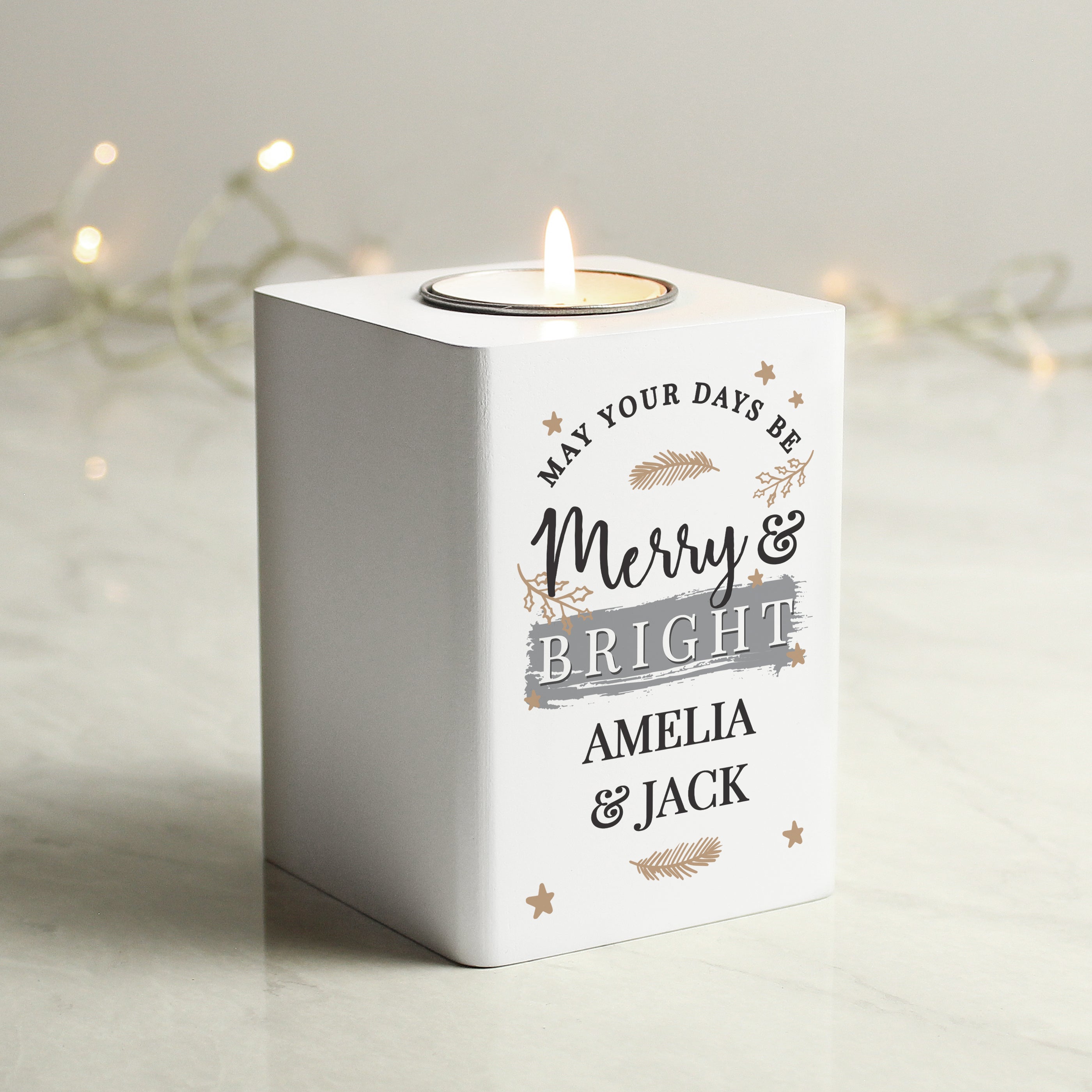 Personalised white wooden tea light holder