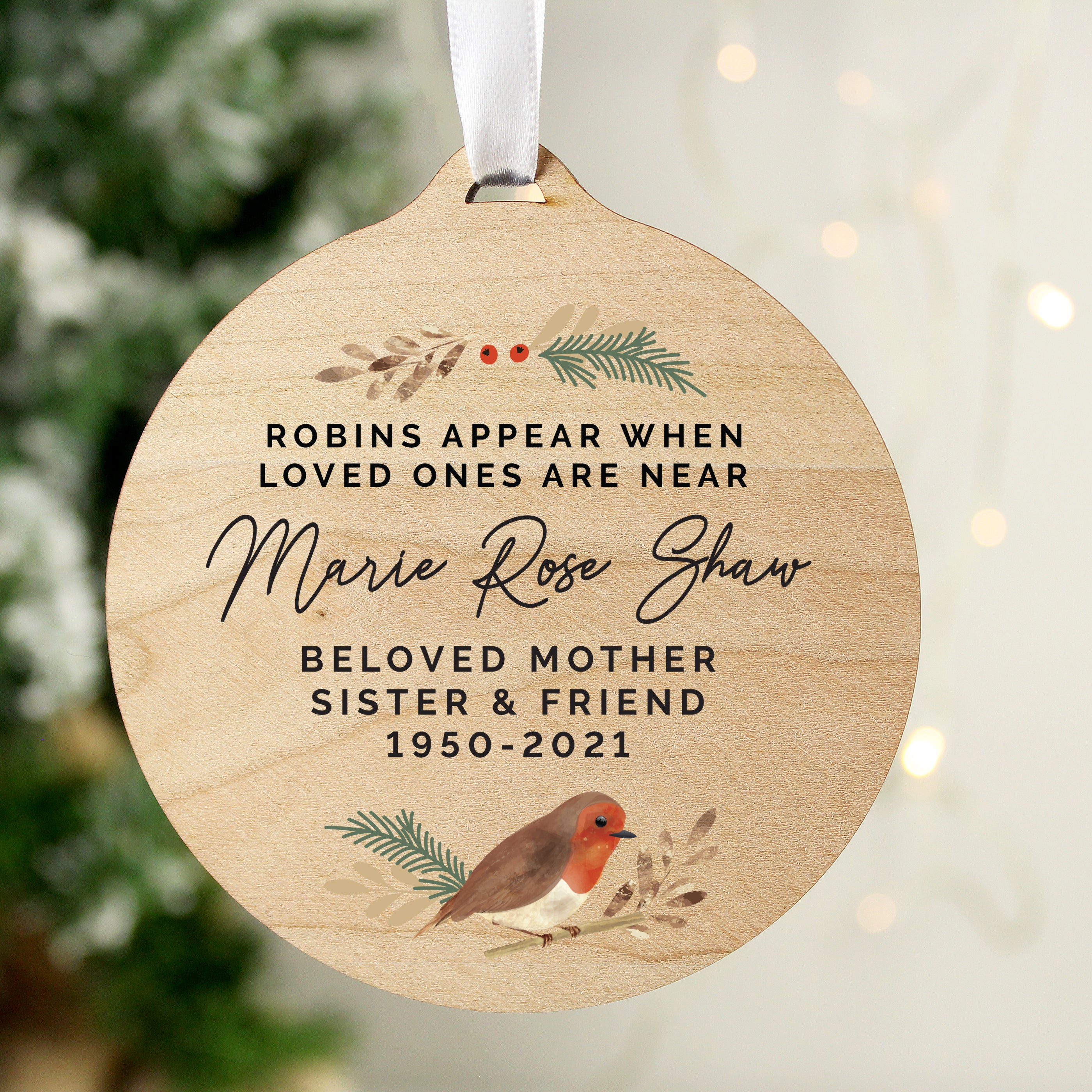 Personalised wooden robin Christmas decoration
