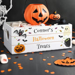 Personalised white crate made from reclaimed wood with a Halloween design.