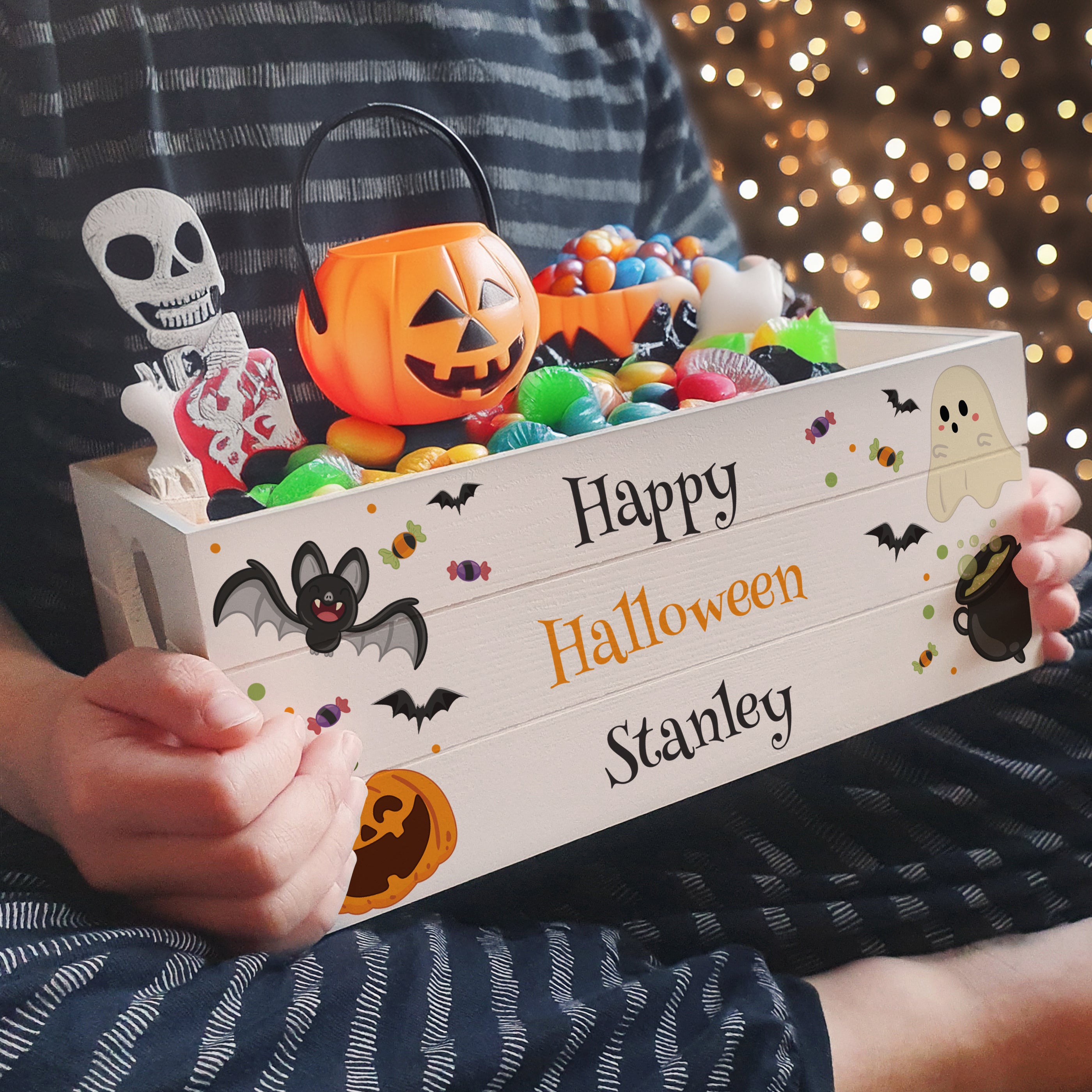 Personalised white crate made from reclaimed wood with a Halloween design.