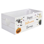 Personalised white crate made from reclaimed wood with a Halloween design.