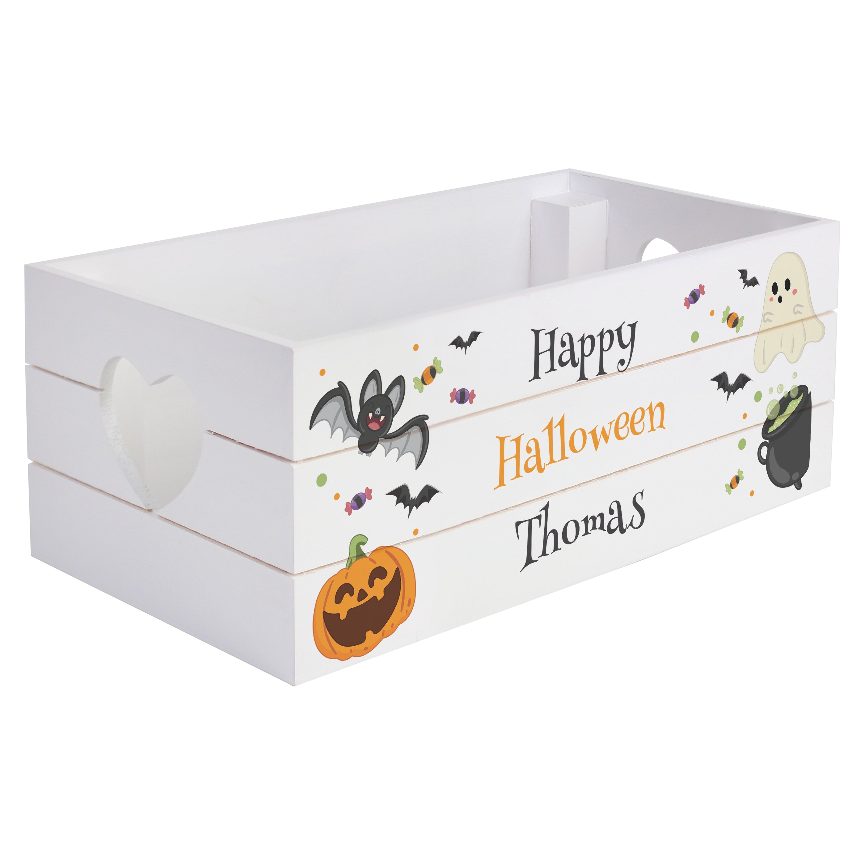 Personalised white crate made from reclaimed wood with a Halloween design.