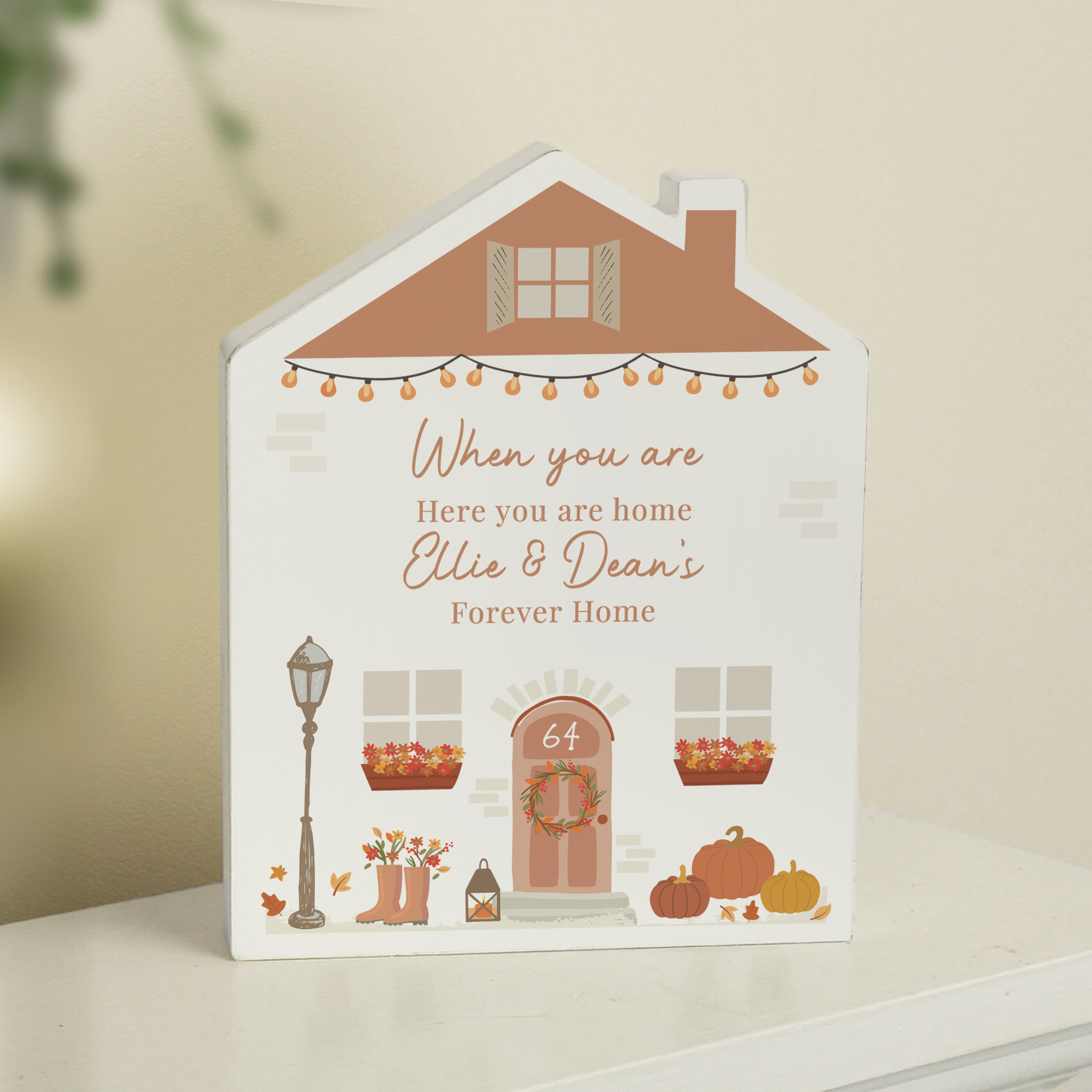 Personalised wooden house ornament for Autumn.
