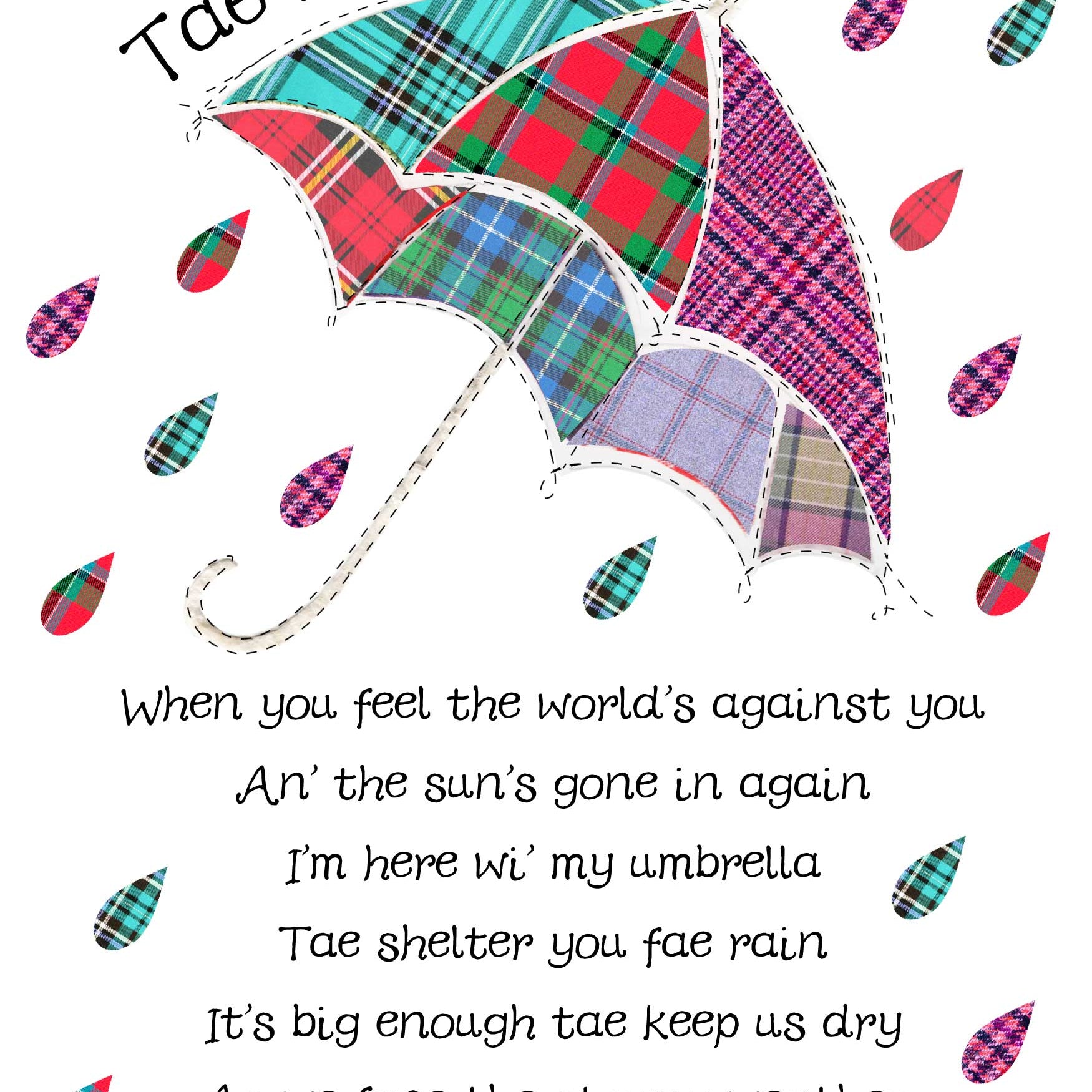 Keepsake card featuring tartan umbrella design and a Scottish slang poem