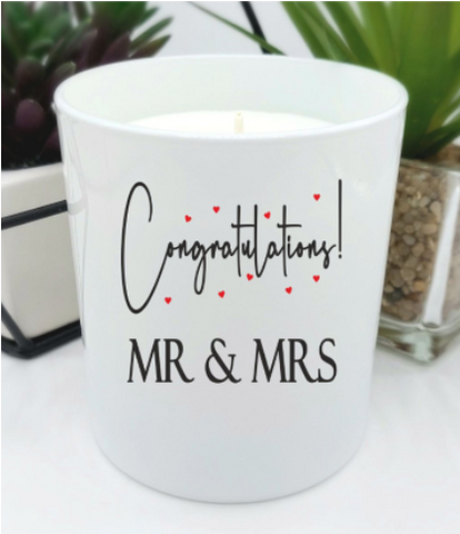 White gloss jar candle with  text Congratulations Mr & Mrs
