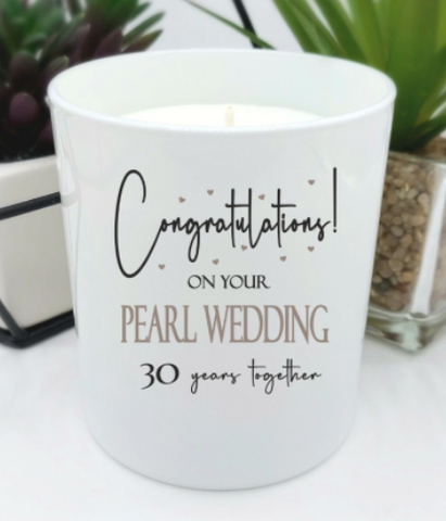 white gloss jar candle with text on your pearl wedding