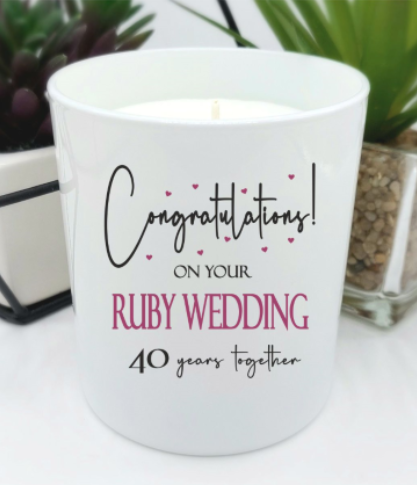 white gloss jar candle with text on your ruby wedding
