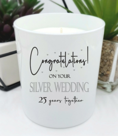 white gloss jar candle with text on your silver wedding