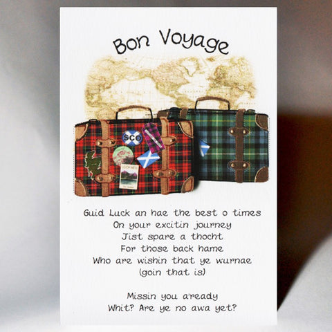 Scottish Bon Voyage card featuring tartan suitcases with Scottish poem.
