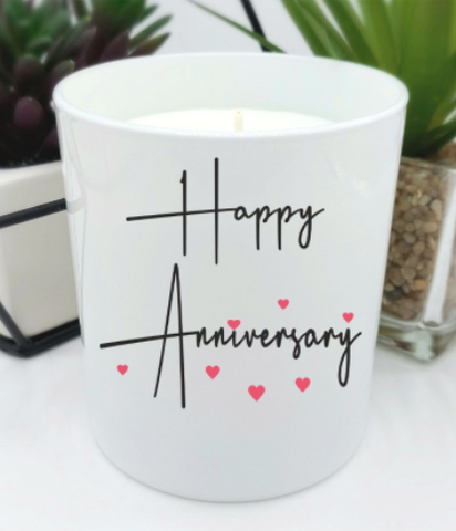 white gloss jar candle with text happy anniversary