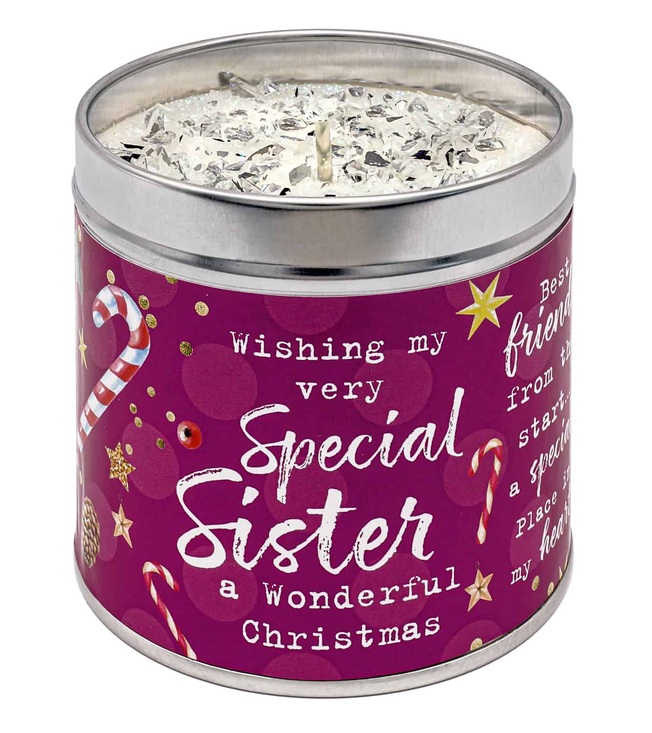 Tin candle with added sparkle and Christmas sentiment for sister