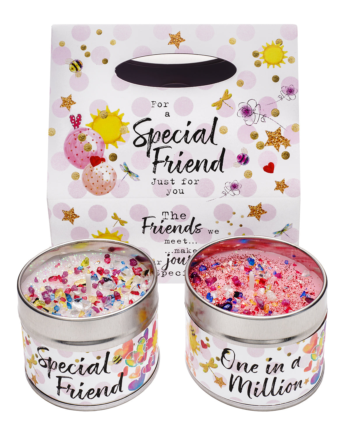 Gift box including two candles - one candle with text says 'Special Friend' and the other says 'One in a Million