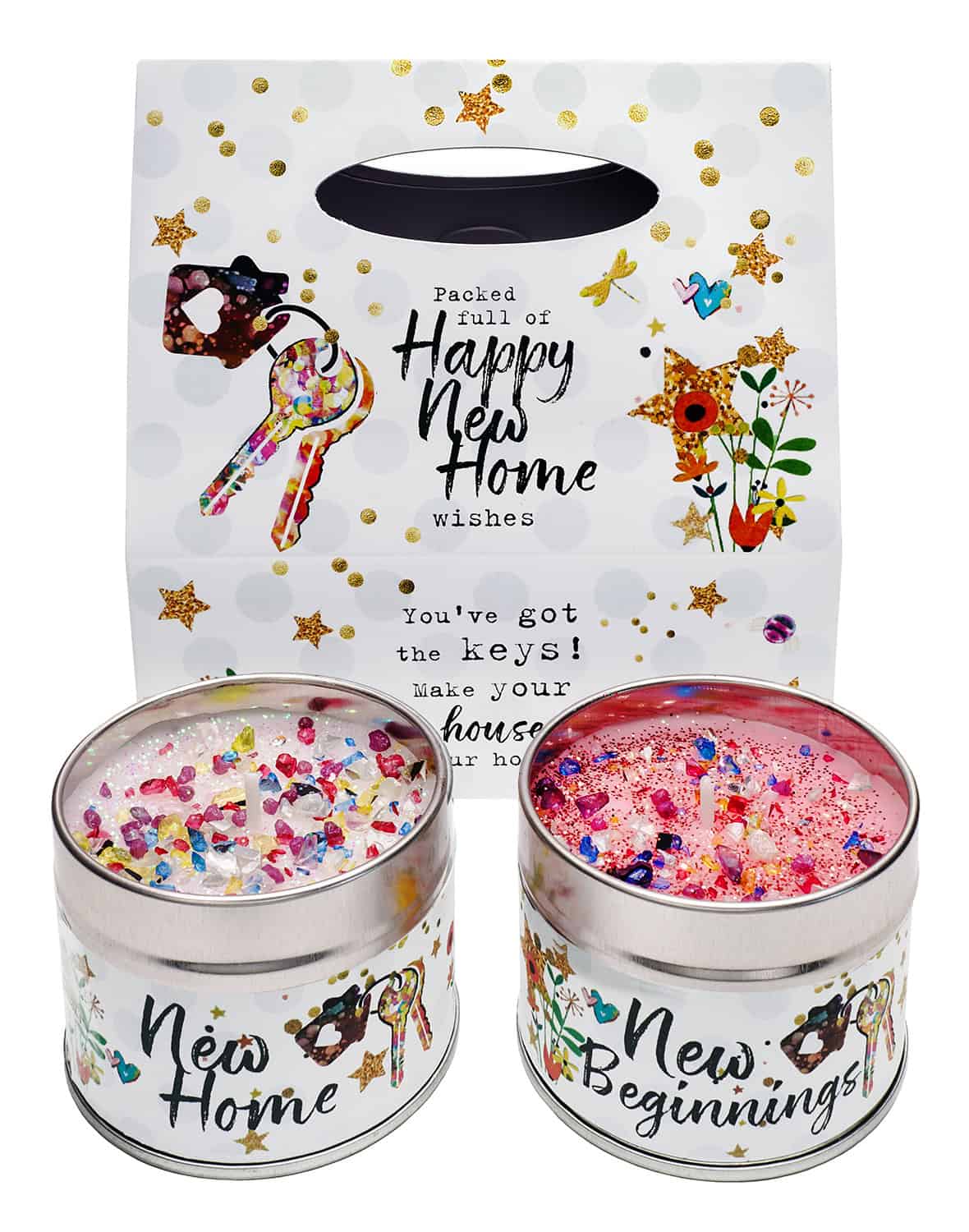 Gift box with 2 candles - text on one candle says 'New Home' and the other 'New Beginnings'