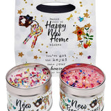 Gift box with 2 candles - text on one candle says 'New Home' and the other 'New Beginnings'
