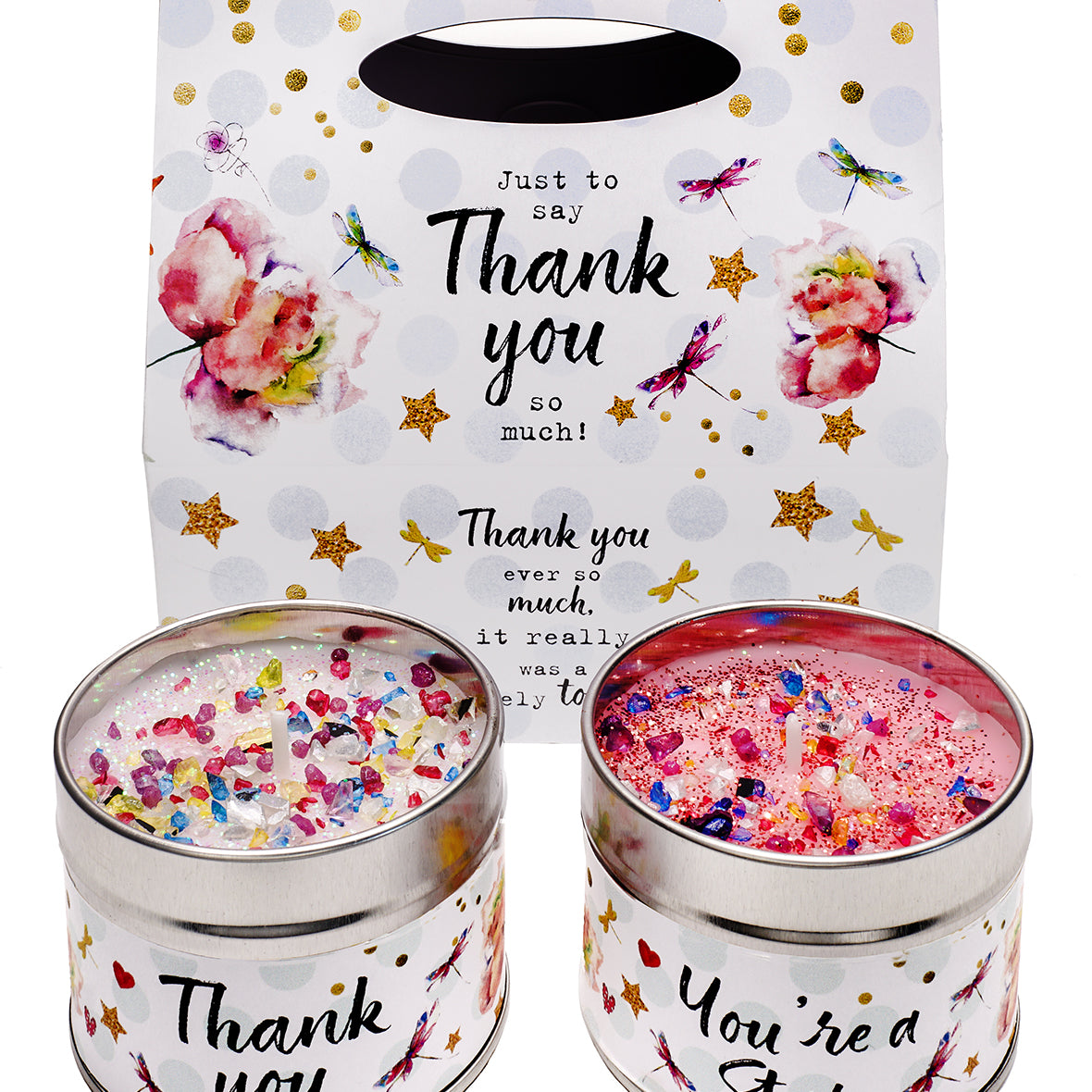 Gift box with two candles one candle text says 'Thank You' the other says 'You're a Star'