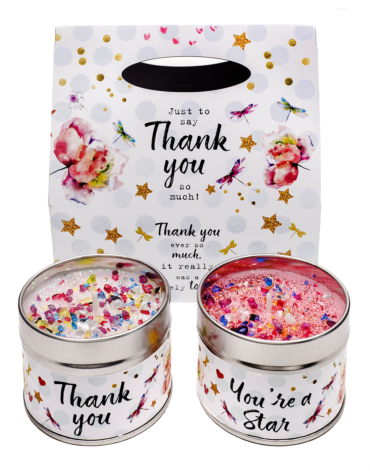Gift box with two candles one candle text says 'Thank You' the other says 'You're a Star'