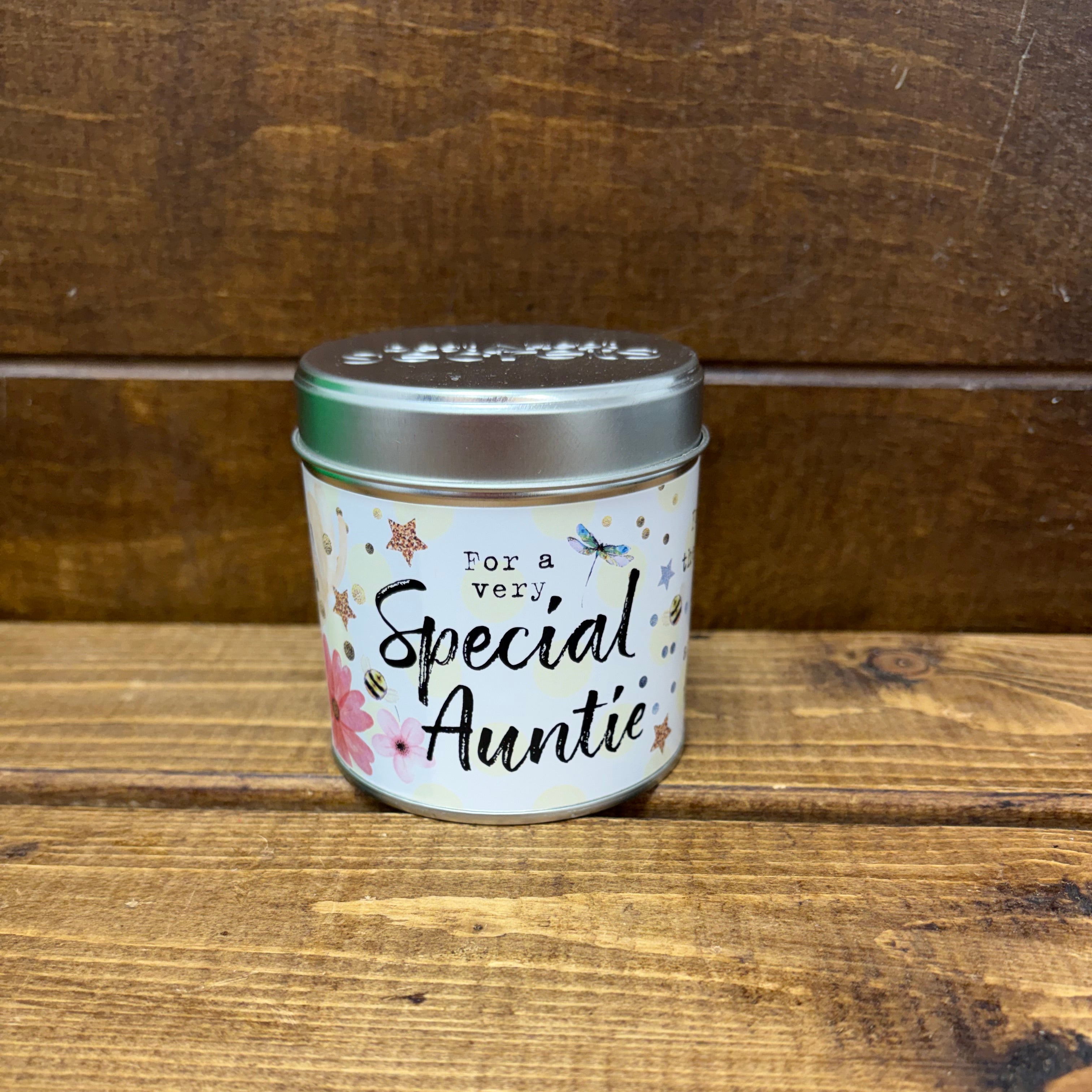 Tin candle with added sparkles and sentiment Special Auntie
