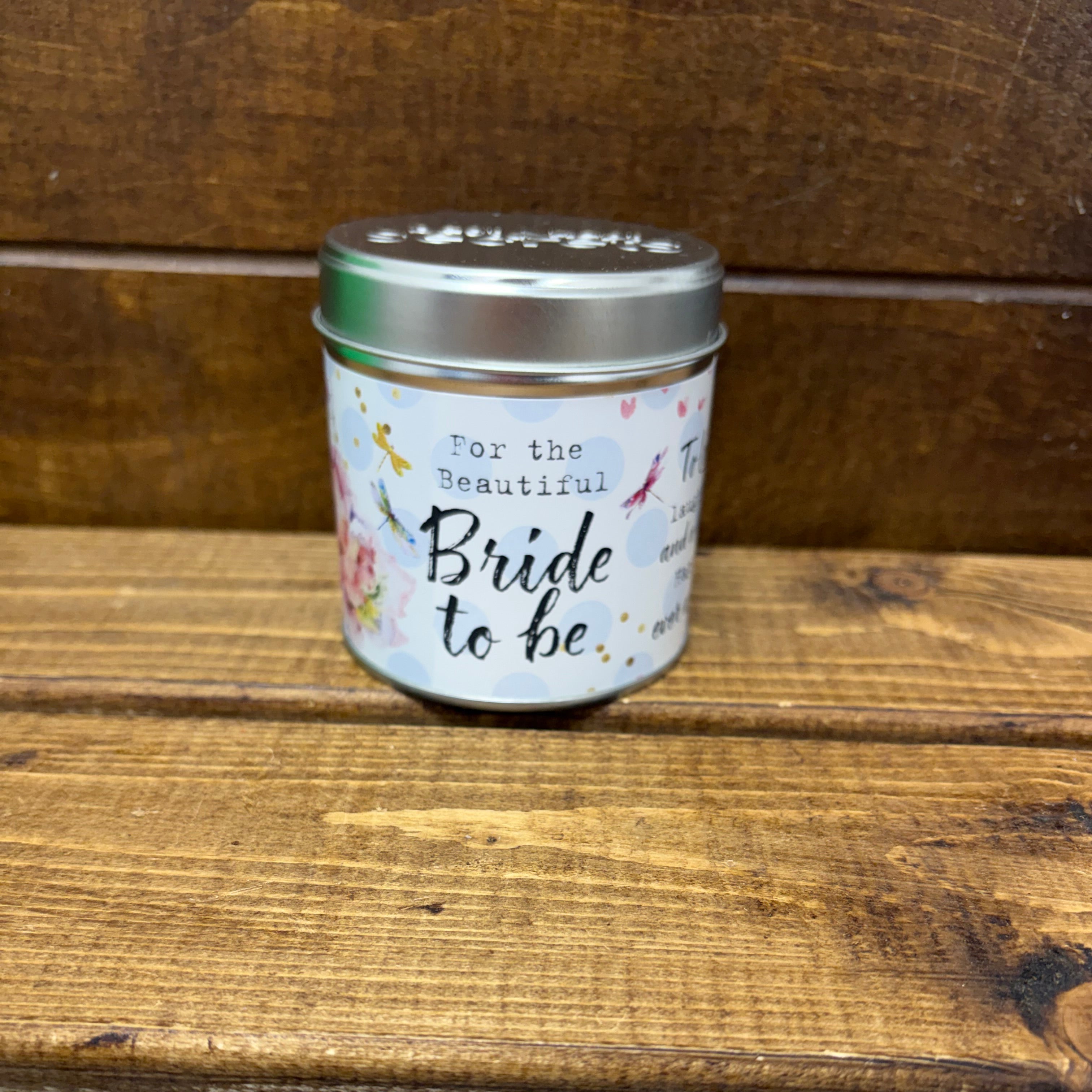 Tin candle with added sparkles and sentiment Bride to Be