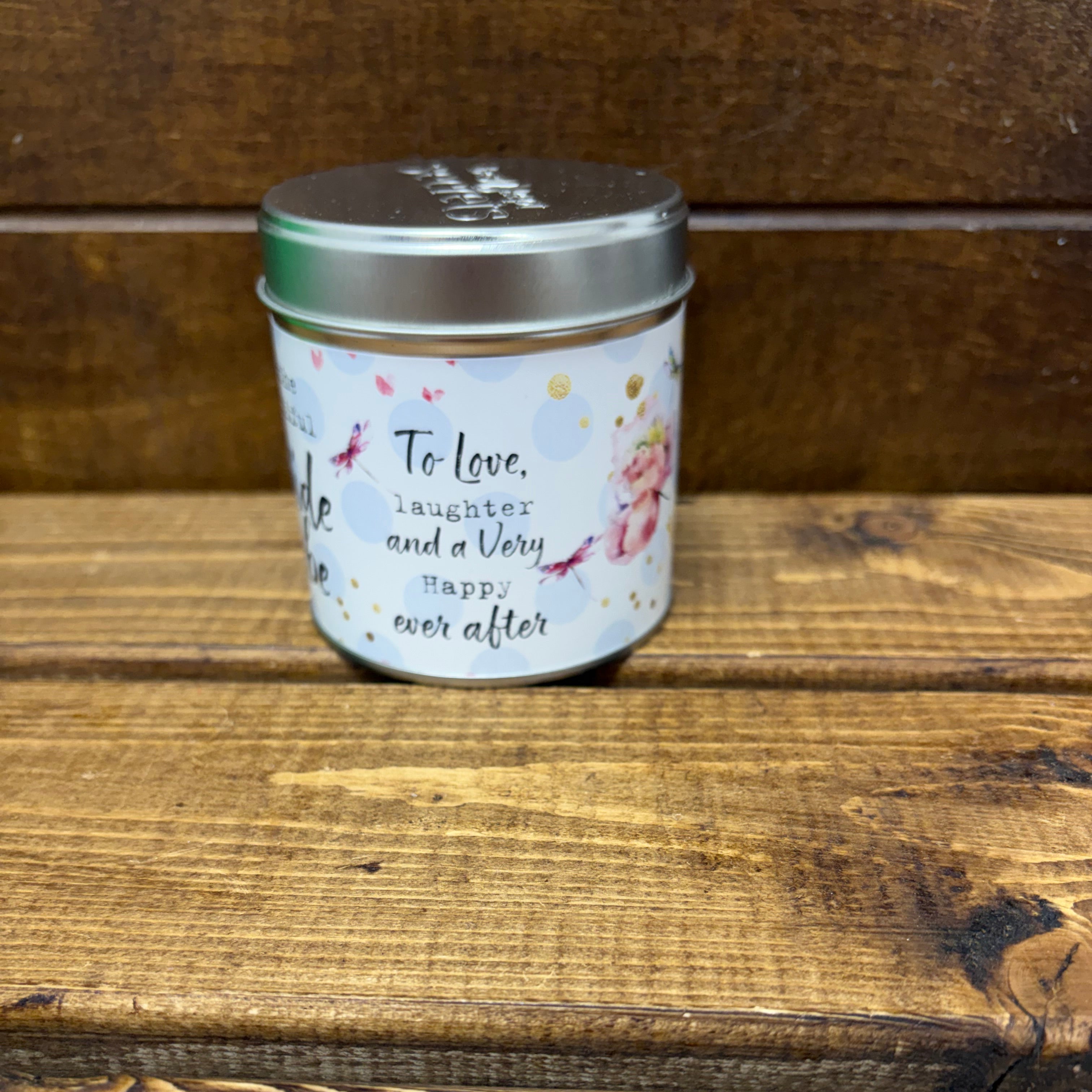 Tin candle with added sparkles and sentiment Bride to be