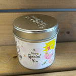 Tin cousin sentiment candle with added sparkles