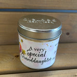 Best Kept Secrets Granddaughter tin candle with sparkle topping.