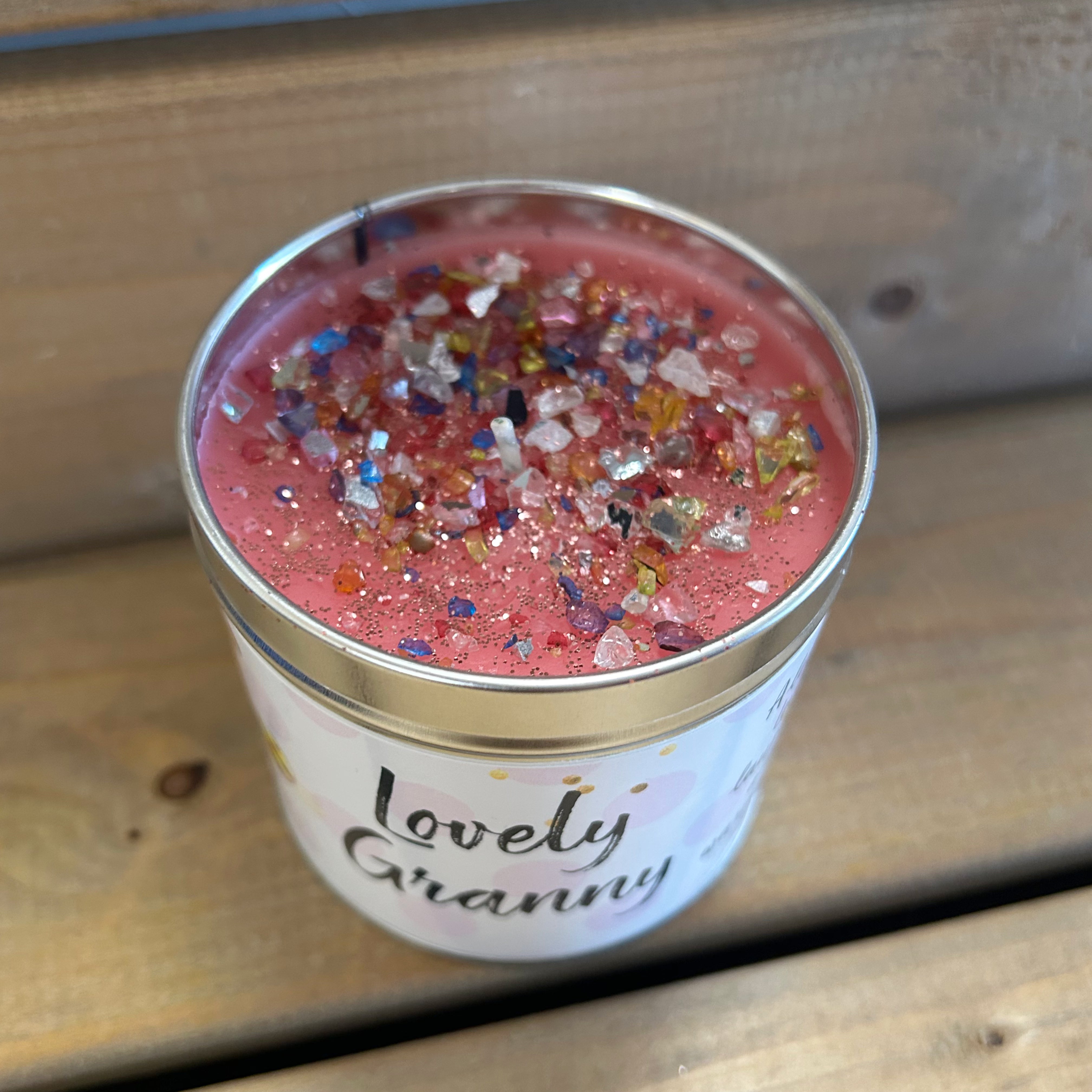 Tin granny sentimental candle with added sparkles