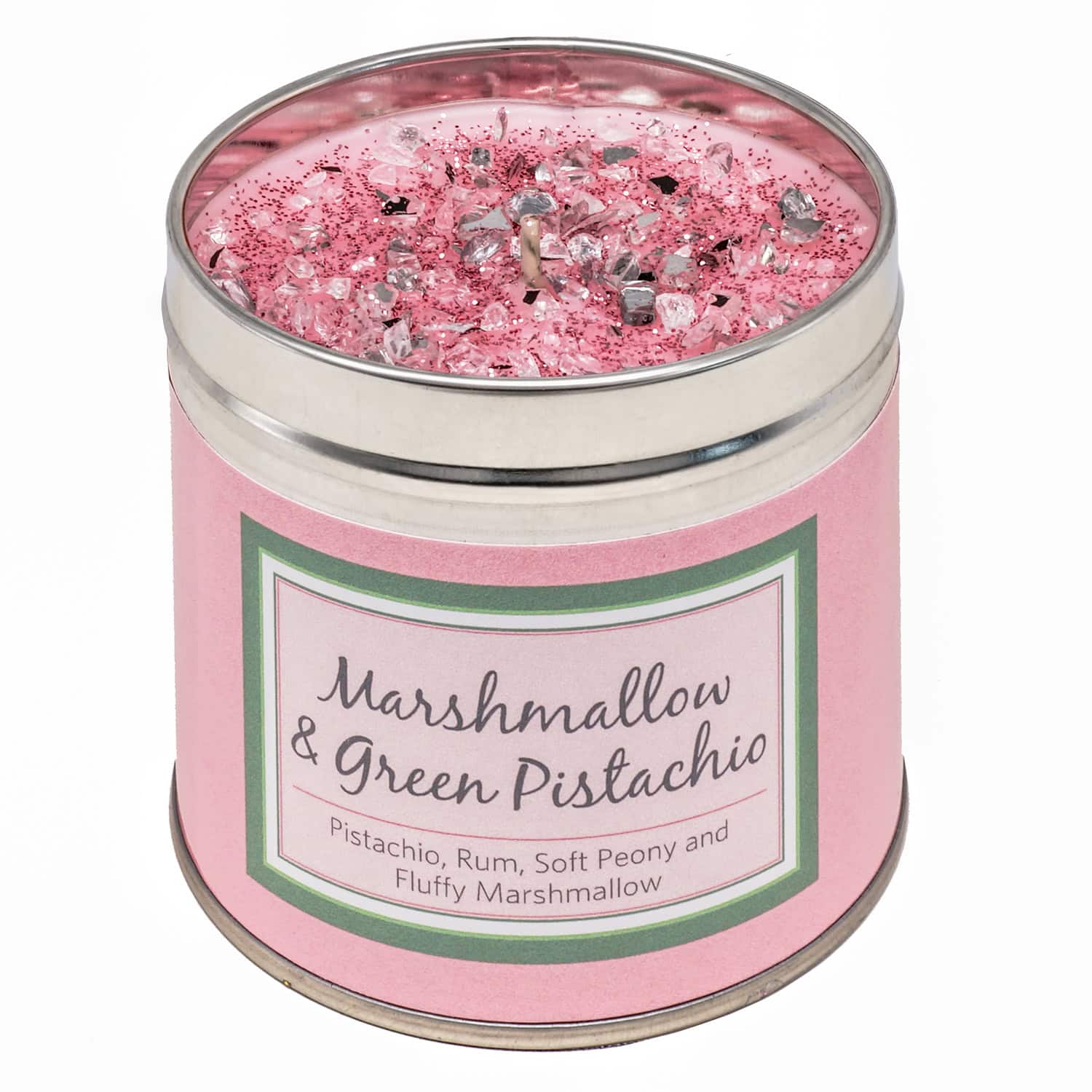 Tin marshmallow and green pistachio scented candle with added sparkles