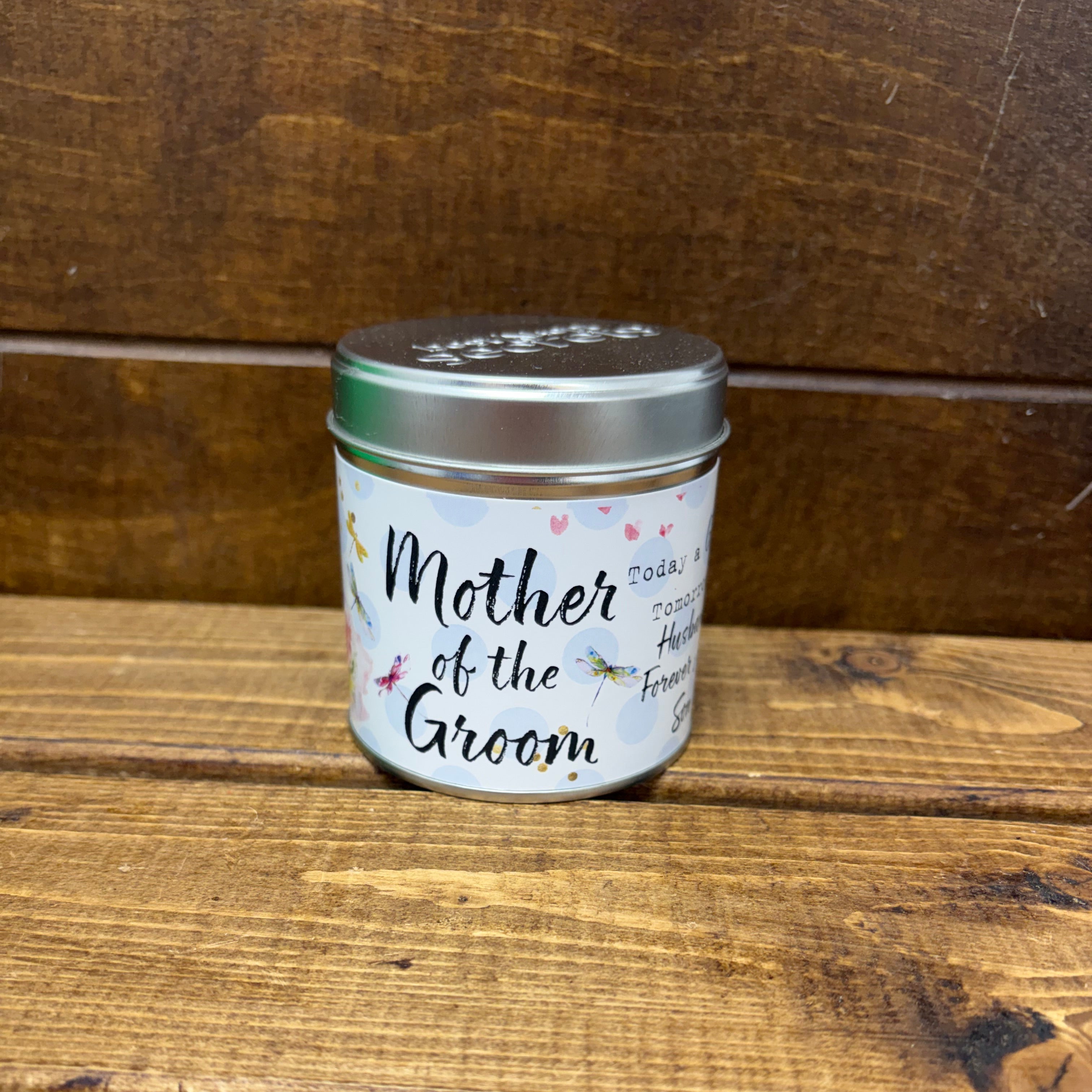 Tin candle with added sparkles and sentiment Mother of The Groom