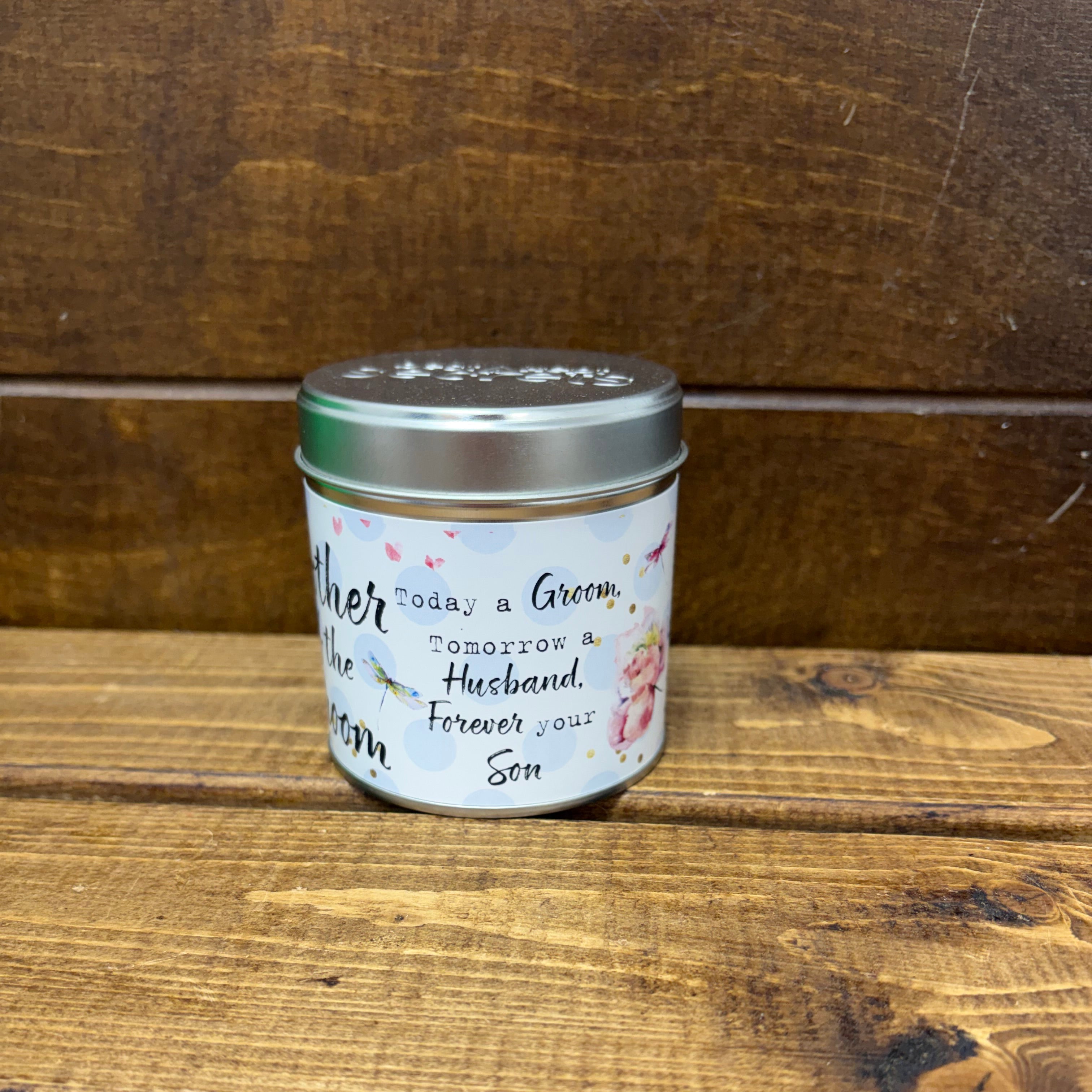 Tin candle with added sparkles and sentiment Mother of the Groom