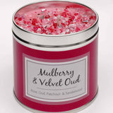 Tin scented mulberry and velvet oud candle with added sparkles