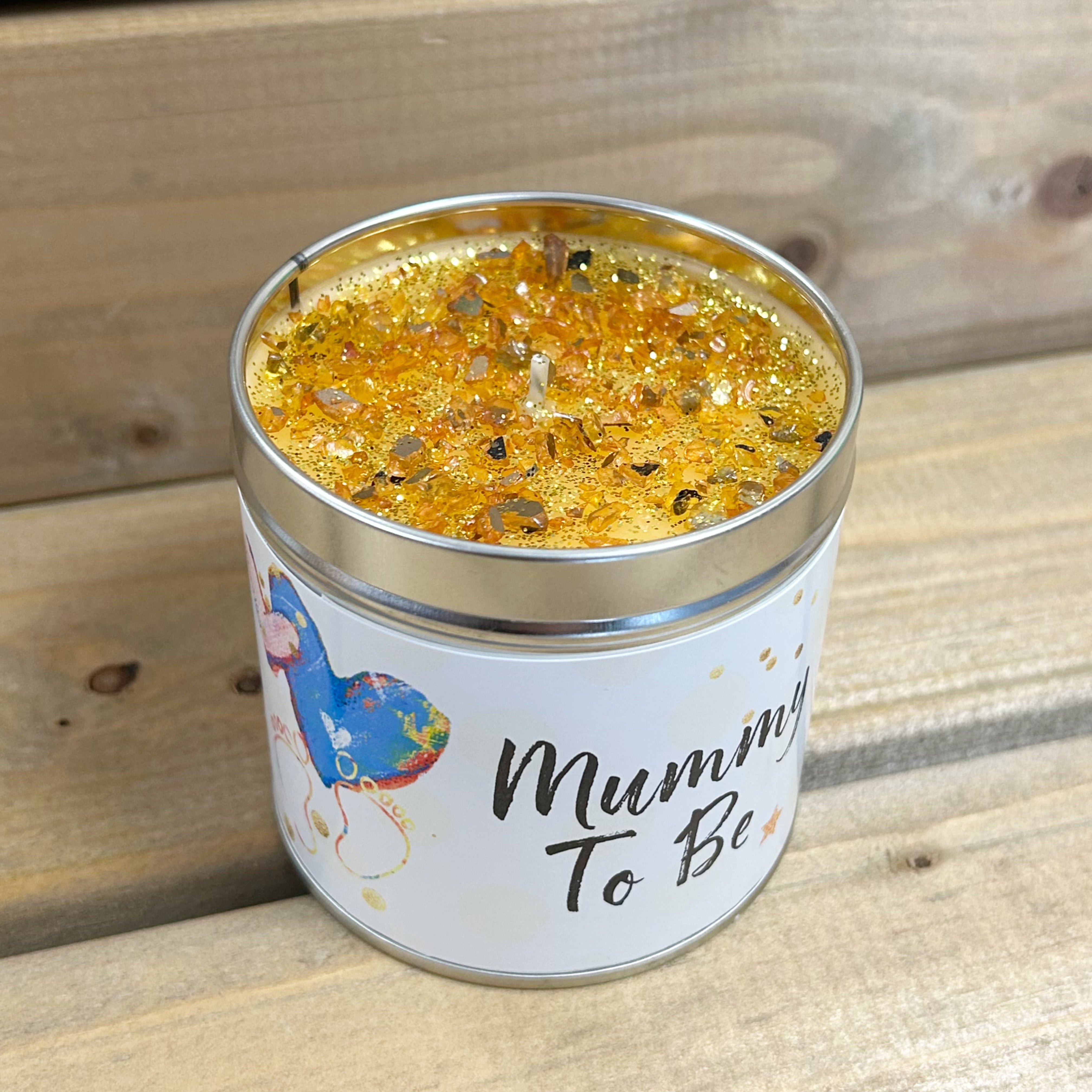Tin Candle with added sparkle on top and sentiment which reads 'Mummy To Be'