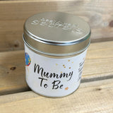 Tin Candle with added sparkle on top and sentiment which reads 'Mummy To Be'
