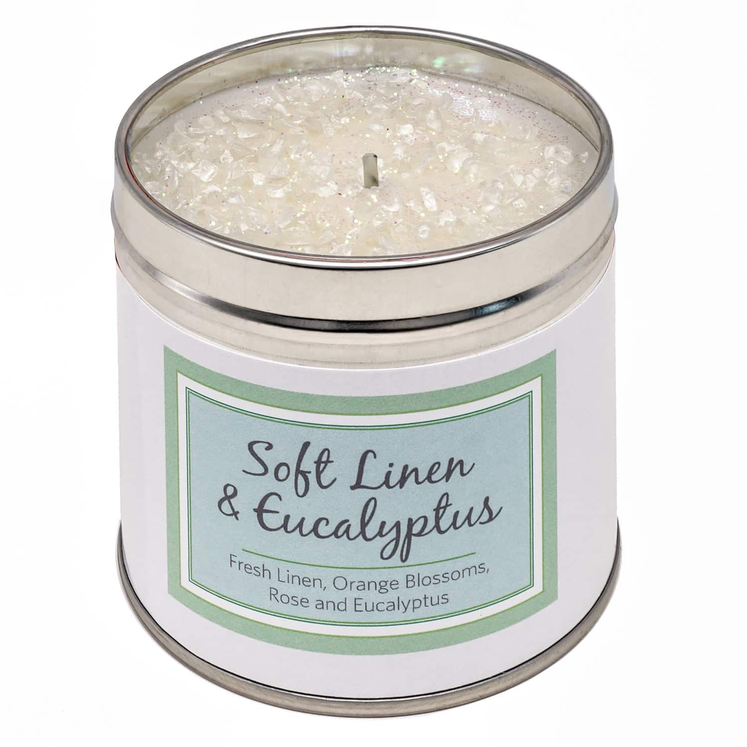 White tin candle with sparkly topping in soft linen & eucalyptus