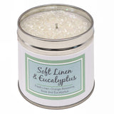 White tin candle with sparkly topping in soft linen & eucalyptus