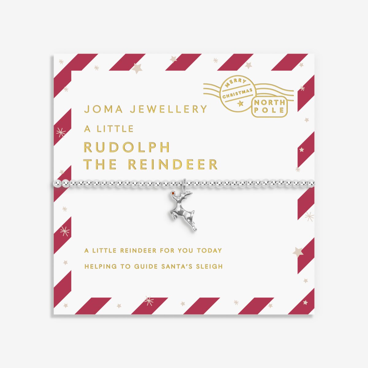 Girls Joma Jewellery bracelet with Rudolph Reindeer charm presented on festive sentiment card.