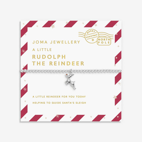 Girls Joma Jewellery bracelet with Rudolph Reindeer charm presented on festive sentiment card.
