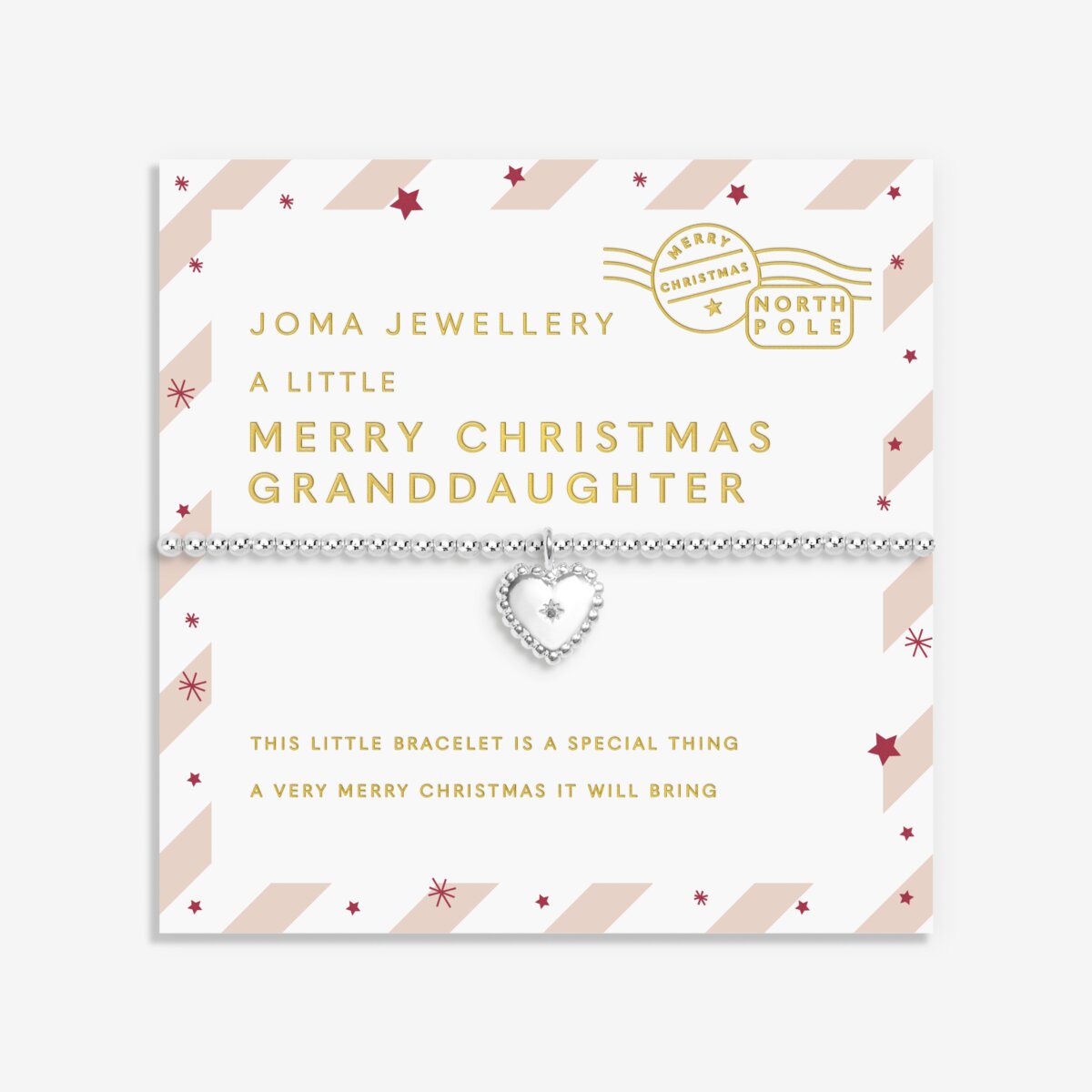 Christmas girls Joma bracelet with silver plated beads and hanging heart charm with sparkle detail presented on festive stamped sentiment card.
