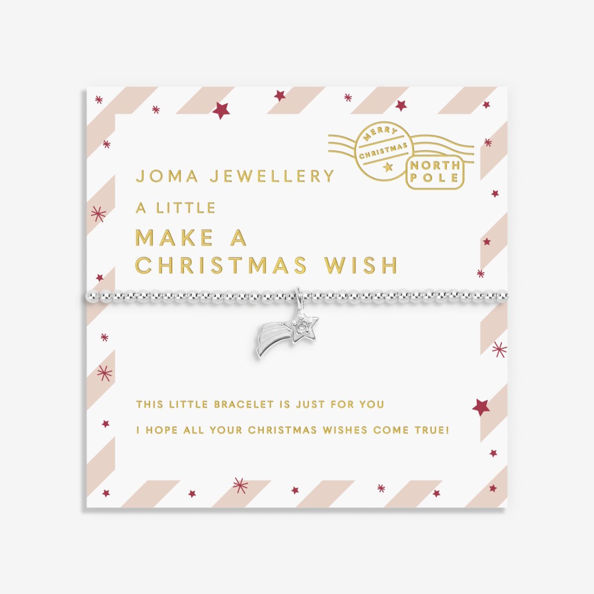 Joma Jewellery Girls Make A Christmas Wish beaded bracelet with shooting star charm presented on festive sentiment card.