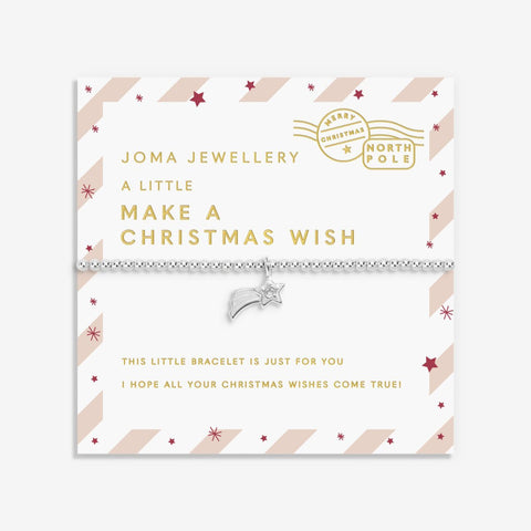 Joma Jewellery Girls Make A Christmas Wish beaded bracelet with shooting star charm presented on festive sentiment card.