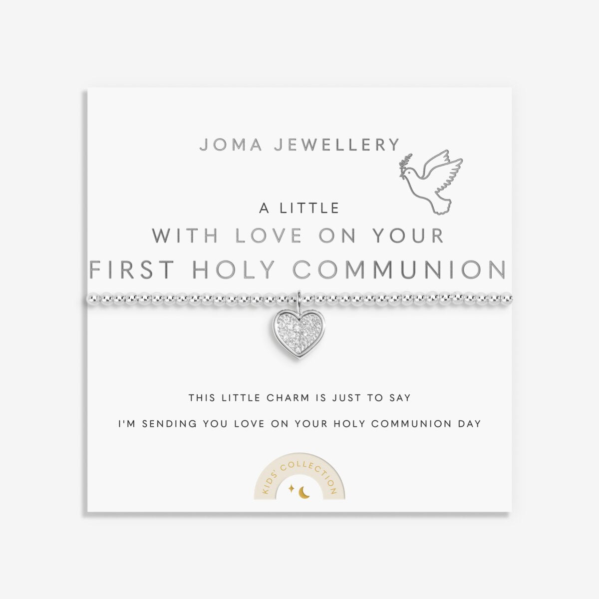Silver plated girls Joma stretch bracelet with hanging heart charm presented on gifting card for Holy Communion
