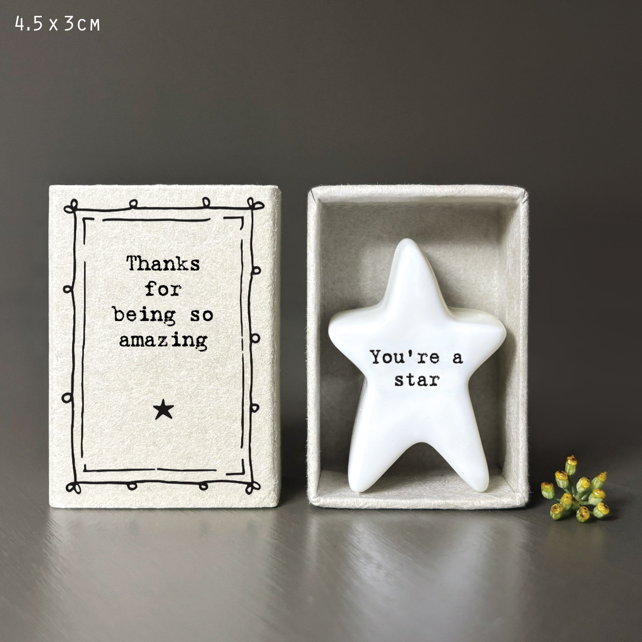 White porcelain star with the words 'You're a star' in black inside a matchbox with decorative black design and the wording 'Thanks for being amazing'.