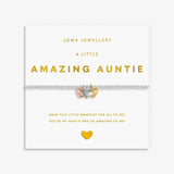 silver bracelet with a rose, silver and gold heart charms with text saying 'Amazing Auntie'