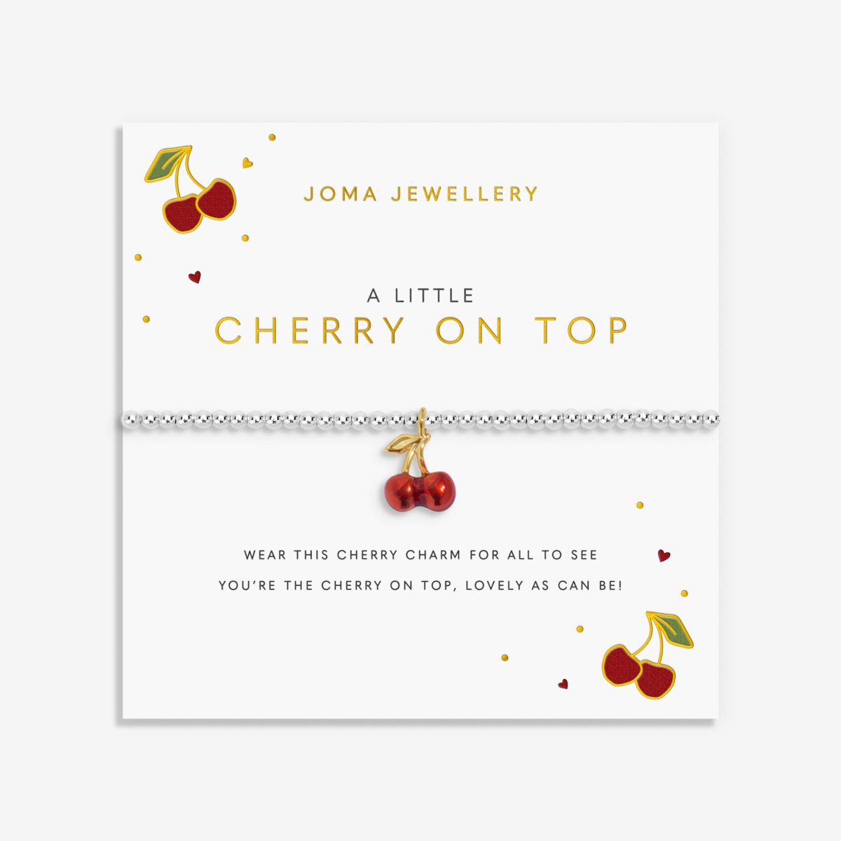 Joma jewellery stretch beaded silver plated bracelet with red cherry charm presented on a sentiment card.
