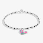 A silver beaded stretch bracelet with a heart-shaped charm featuring a colorful plaid pattern in pink, green, and purple, set against a light gray background.
