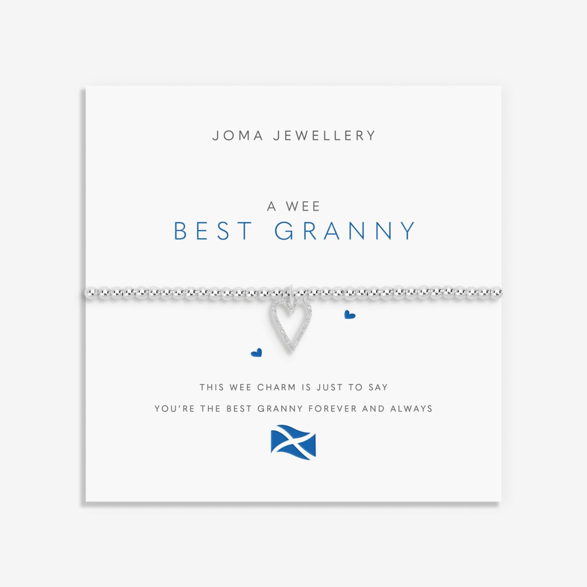 Joma jewellery silver plated beaded stretch bracelet with hanging heart sparkling charm presented on sentiment card.