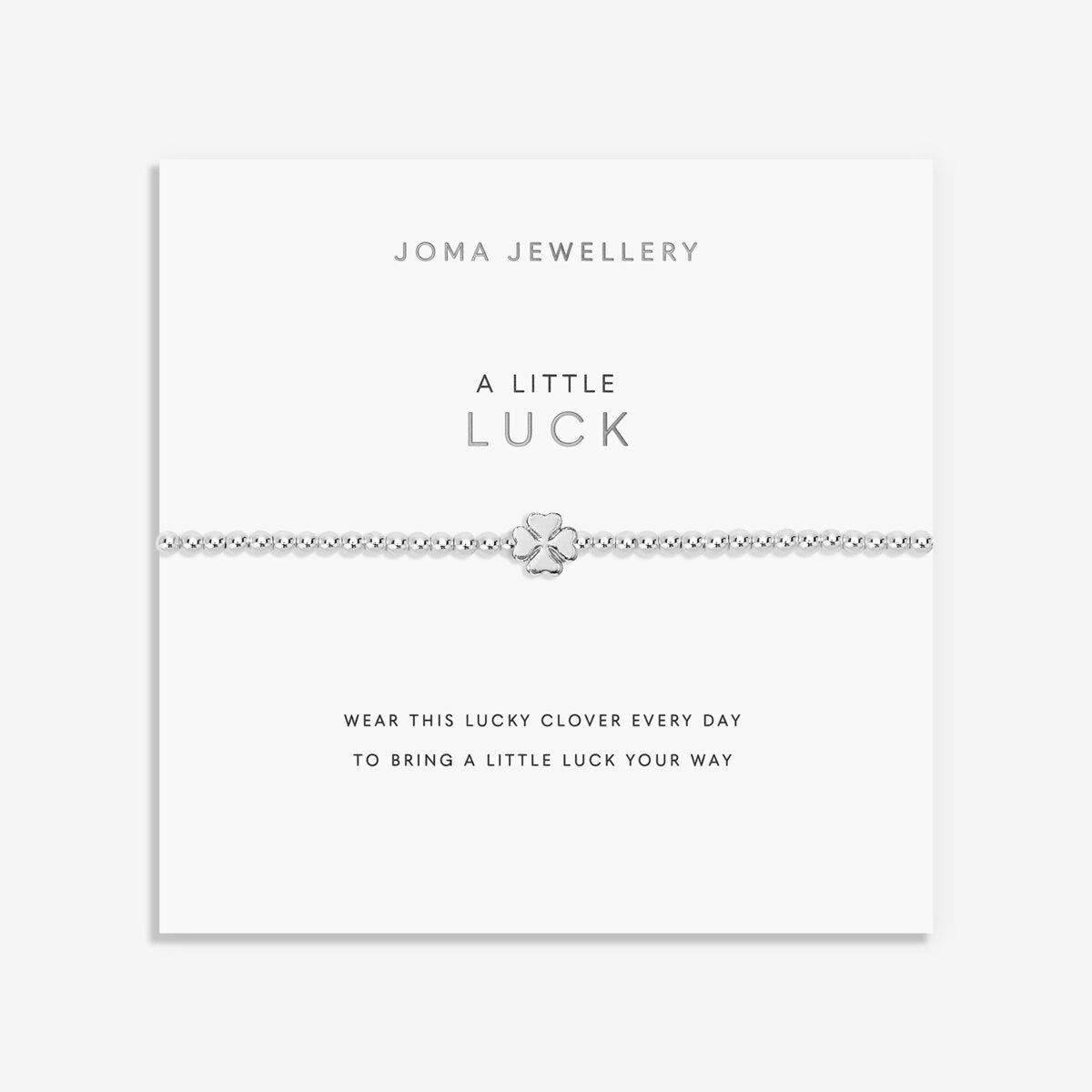 Joma Jewellery silver plated beaded bracelet with four leaf clover charm presented on a foil stamped sentiment card.
