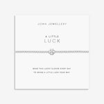 Joma Jewellery silver plated beaded bracelet with four leaf clover charm presented on a foil stamped sentiment card.