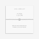 Joma Jewellery silver plated beaded bracelet with four leaf clover charm presented on a foil stamped sentiment card.